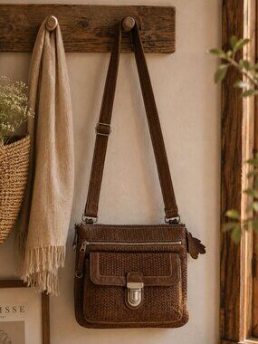 Roots Woven Brown Side Saddle Suede Leather crossbody bag